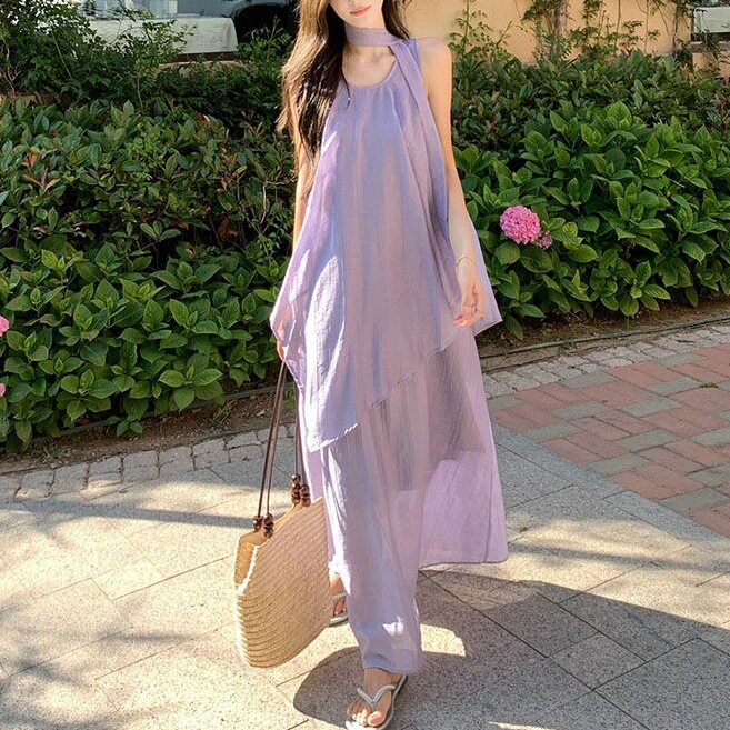 清冷风女设计感宽松紫色飘带无袖上衣不规则吊带连衣裙飘带两件套
