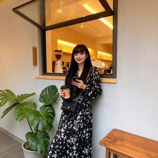 时尚御姐长袖开叉碎花黑色底色气质优雅风性感收腰显瘦战袍连衣裙