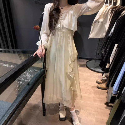 时尚纯色开衫爱丽丝梦游仙境潮流超大摆吊带连衣裙长裙两件套套装