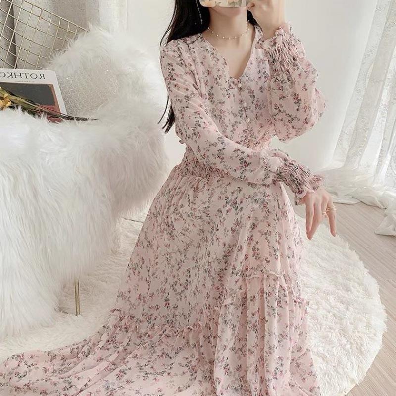 清新碎花裙雪纺连衣裙长裙女2026春季新款韩版仙女裙荷叶边大摆裙