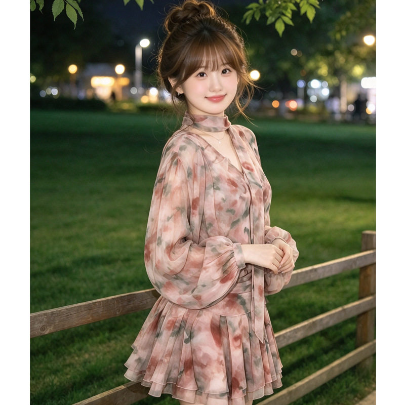 微胖大码女装复古晕染碎花法式连衣裙女2026春收腰气质短裙百褶潮
