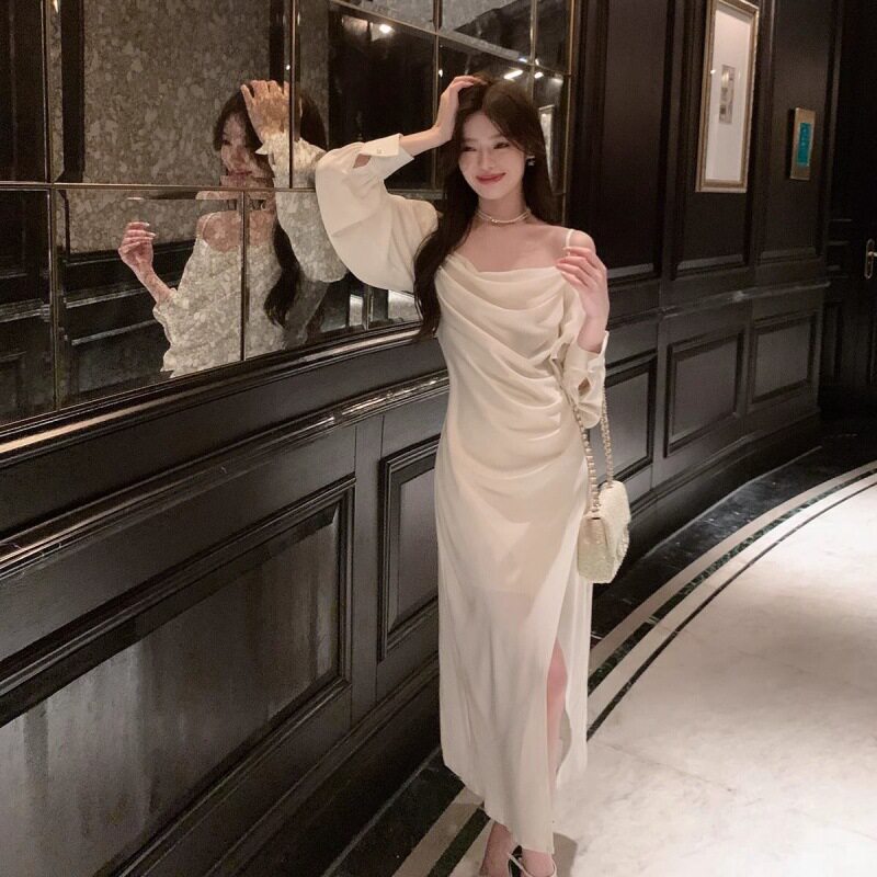 温柔风端庄大气缎面杏色礼服裙女