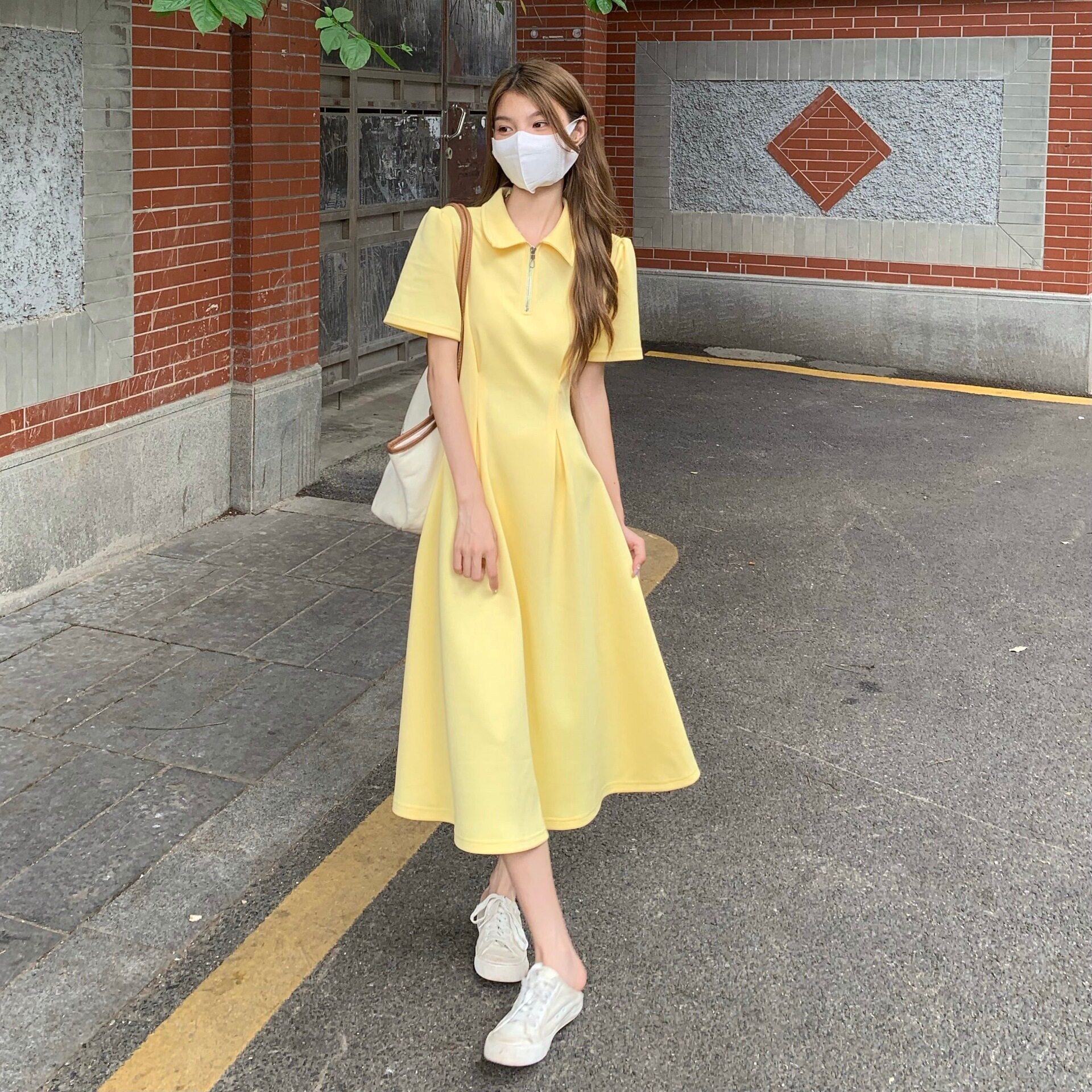捻丝大码时尚女装法式领拉链连衣裙夏季短袖胖妹妹收腰遮肚长裙子