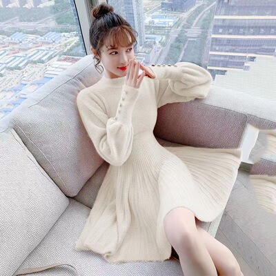 甜美风韩系针织毛衣裙子女秋冬小个子洋气内搭外穿针织打底连衣裙