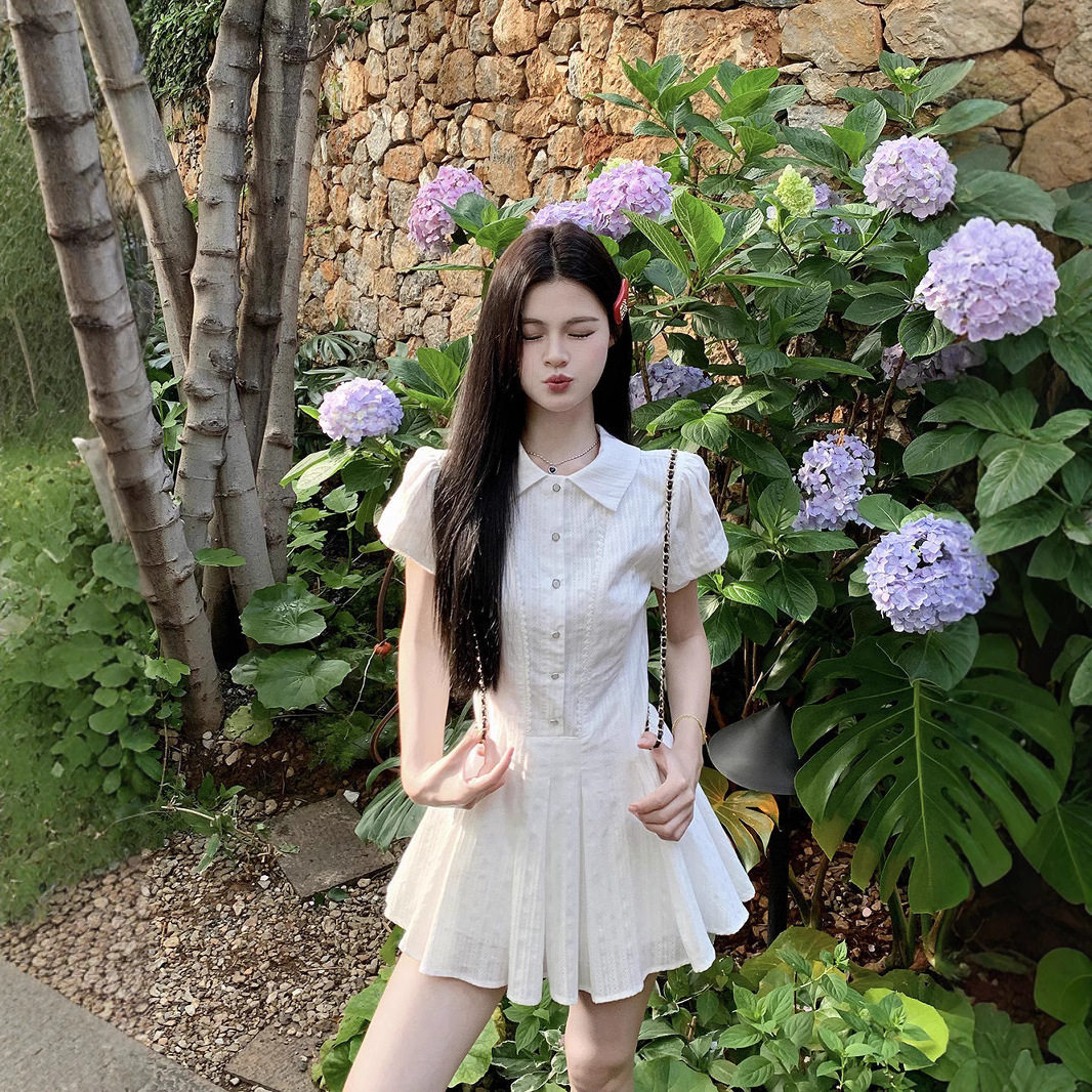 时尚学院风甜美白色短袖衬衫连衣裙夏季新款小个子百褶纯色短裙子