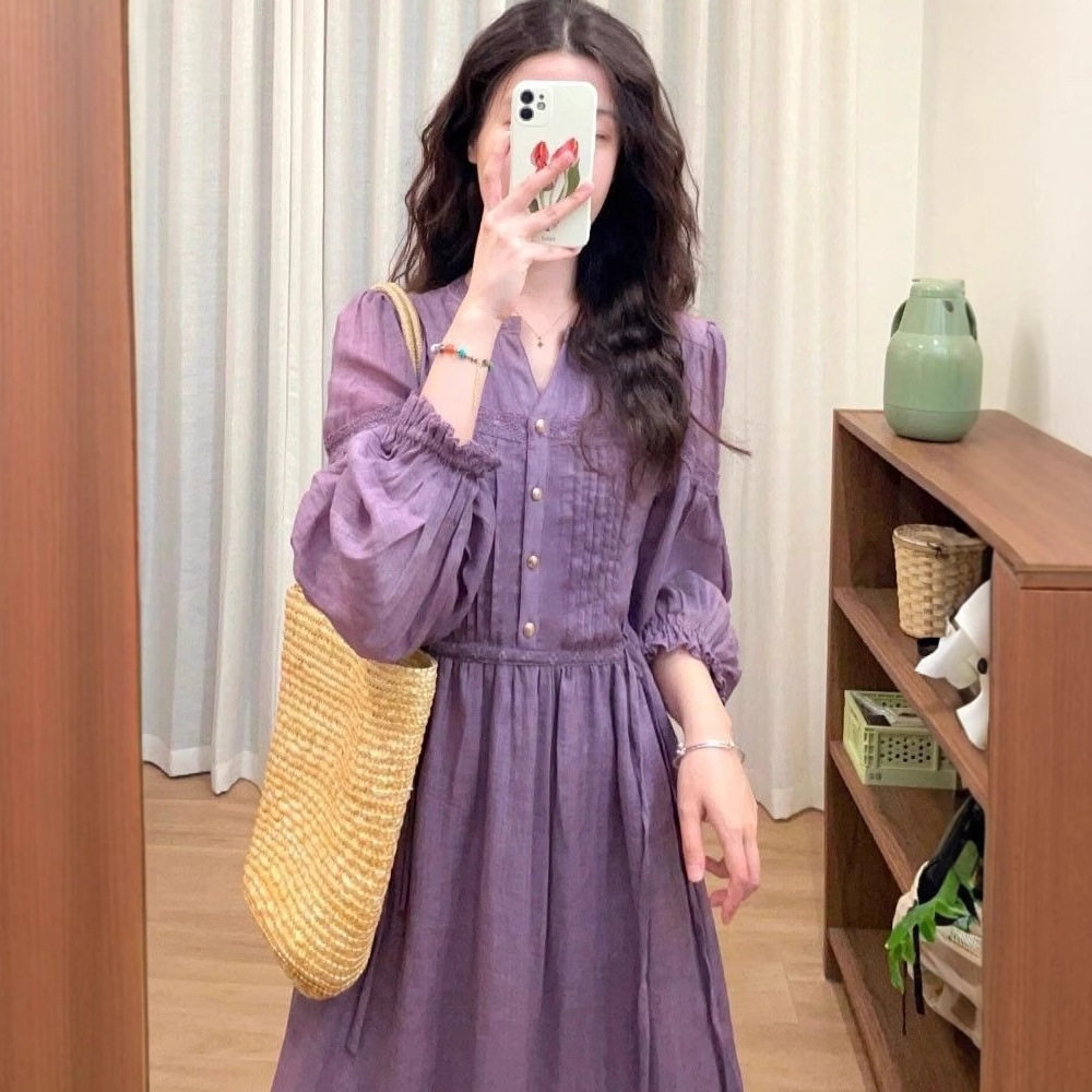 紫色连衣裙女春2025新款重工圆领长袖衬衫长裙法式复古亚麻连衣裙