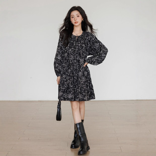 欧美碎花长袖连衣裙女春秋新款法式小个子桔梗裙收腰雪纺长裙