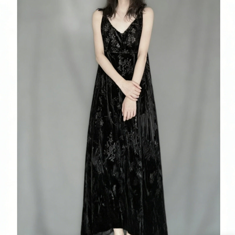 春秋宽松丝绒印花吊带裙垂坠感连衣裙女无袖背心裙超长背带裙长裙