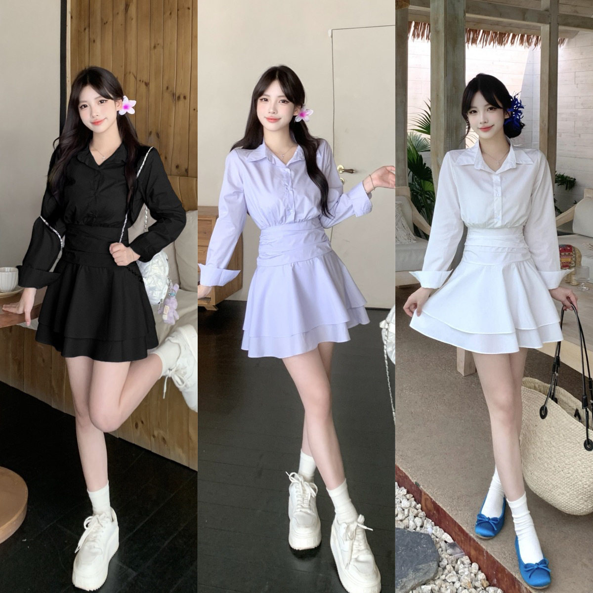 休闲显瘦纯色长袖连衣裙女春秋款法式裙个子裙收腰显瘦衬衫领短裙