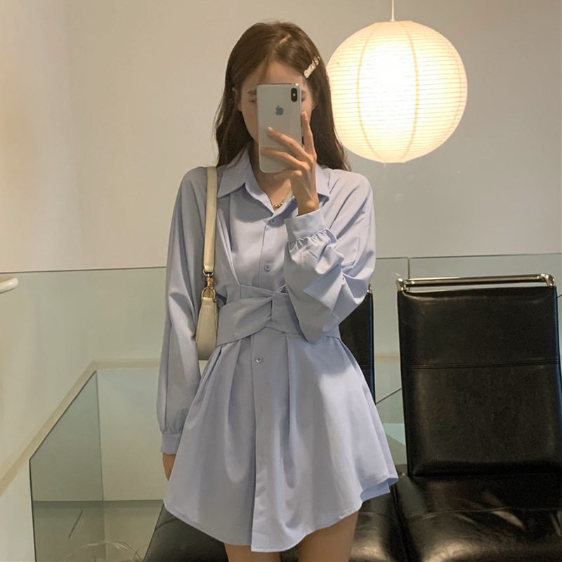 韩版港风套装复古纯色休闲上衣女式春秋新款高级感洋气女式衬衫裙