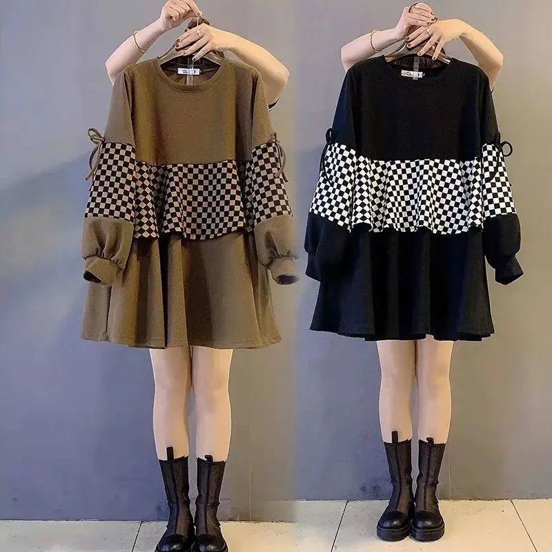 加肥加大码胖遮肉连衣裙2025春秋款宽松灯笼袖格子拼接中长卫衣裙