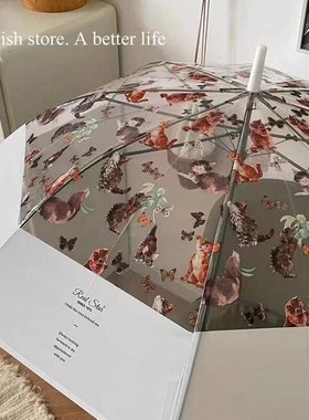 2024新款油画猫咪透明伞全自动长柄伞加固防风雨伞女士高颜值伞