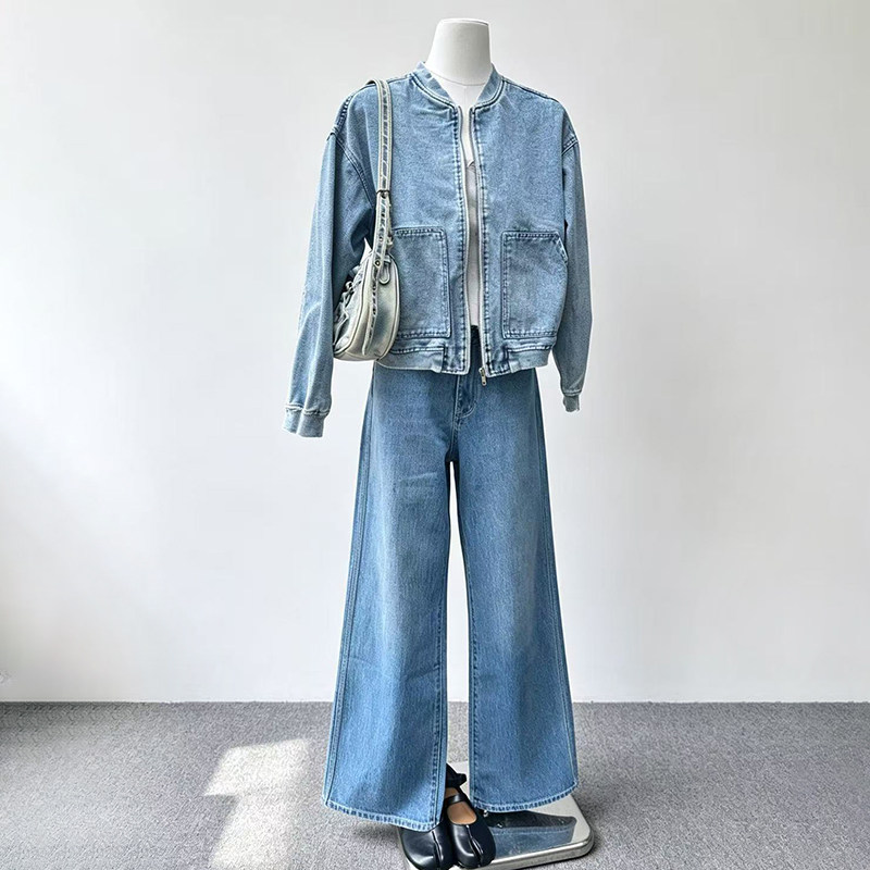 外贸尾货浅蓝做旧牛仔棒球服女秋双口袋宽松短款显瘦休闲百搭外套