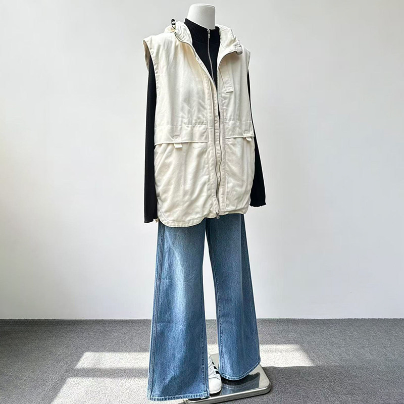 外贸尾货白色连帽工装马甲女春秋宽松大口袋无袖坎肩休闲背心外套