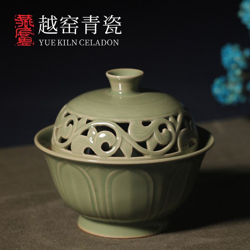 燕庐龙腾越窑青瓷秘色瓷莲瓣纹香炉纯手工高档礼品摆件香熏