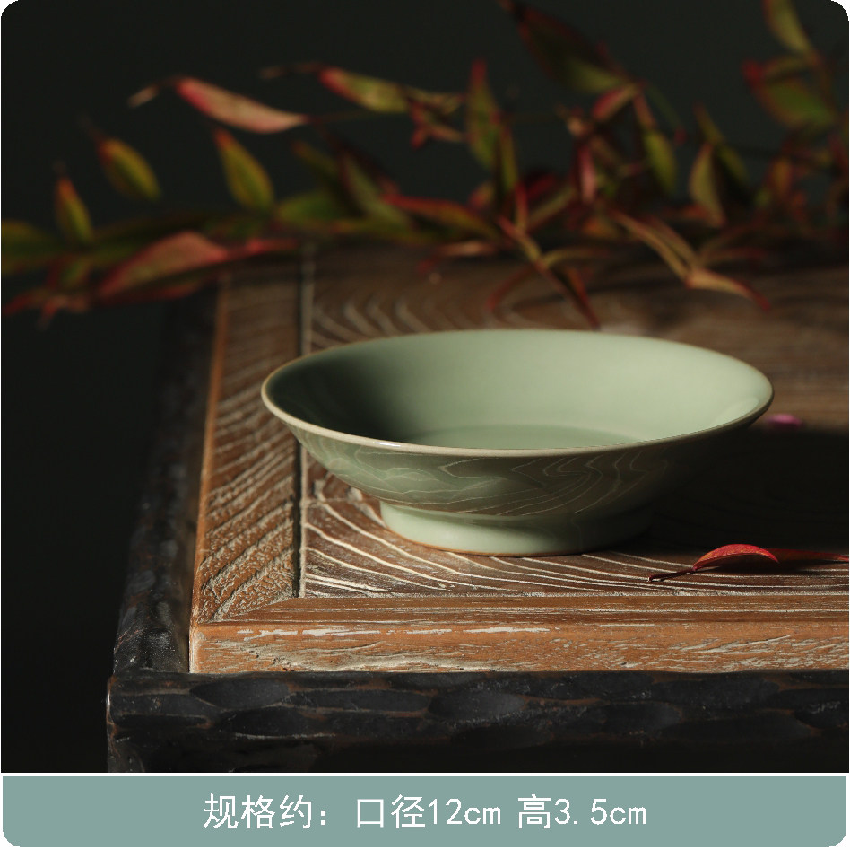 越窑青瓷吴越秘色瓷莲瓣纹小盘壶承果盘家用纯手工茶盘复古干泡盘