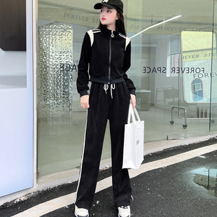 秋季时尚休闲灯芯绒长袖外套两件套立领阔腿直筒裤子2023新款套装