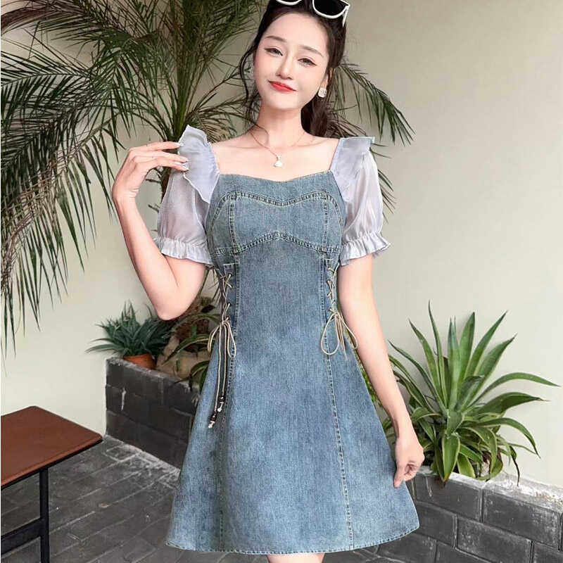 夏季小个子休闲拼色牛仔裙