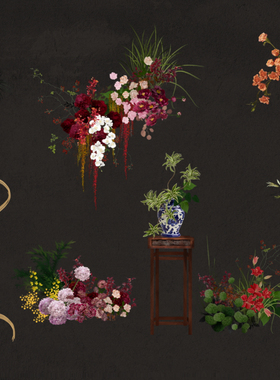 红绿色新中式花艺手绘复古婚礼PSD效果图分层免扣素材