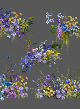 蓝紫黄色清新婚礼花艺ipad手绘PNG免扣PSD效果图源文件分层素材