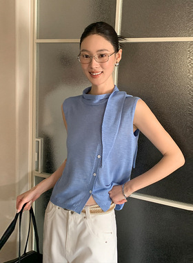 32373MOXI十三行女装夏季新款小立领宽边绑带设计无袖针织衫