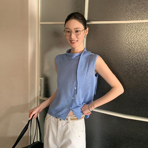 32373MOXI十三行女装夏季新款小立领宽边绑带设计无袖针织衫