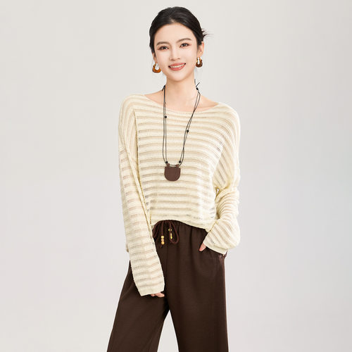 2603601-14针立体绞花织超细天丝亚麻纱慵懒风长袖针织衫女夏新款