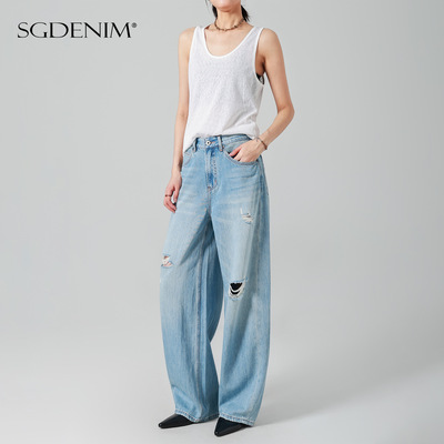 清透松弛感/破洞弯刀薄款高腰牛仔裤女宽松阔腿茧型裤26夏款休闲