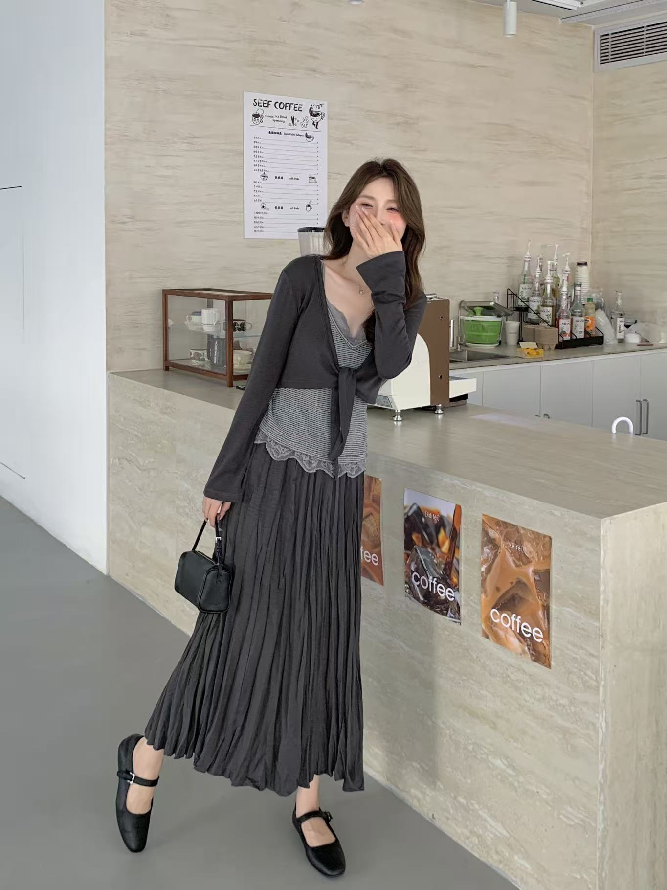 早秋韩系纯欲慵懒风开衫蕾丝吊带半身裙三件套显瘦气质时尚套装女