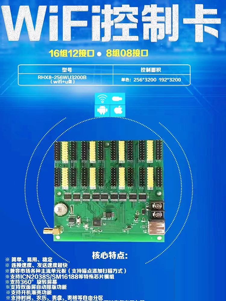 瑞合信控制卡RHX-Q4M无线WiFi卡Q2/Q10门头滚动广告车载LED显示屏