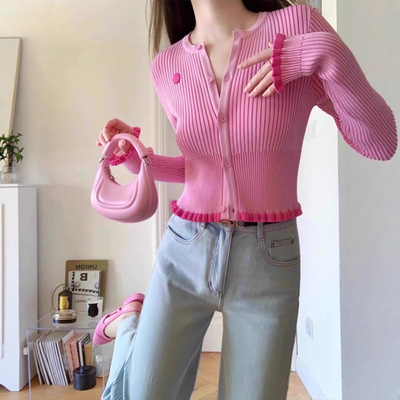 法式粉色针织开衫外套女2025薄款