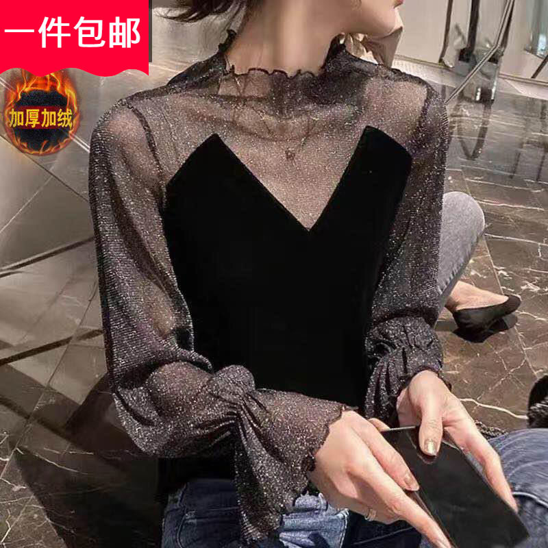【加绒/不加绒】网纱蕾丝打底衫女装新款宽松内搭复古港风Chi上衣
