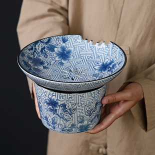 青花瓷茶渣缸带盖过滤小容量废水桶陶瓷中式复古茶杯洗茶盅水孟