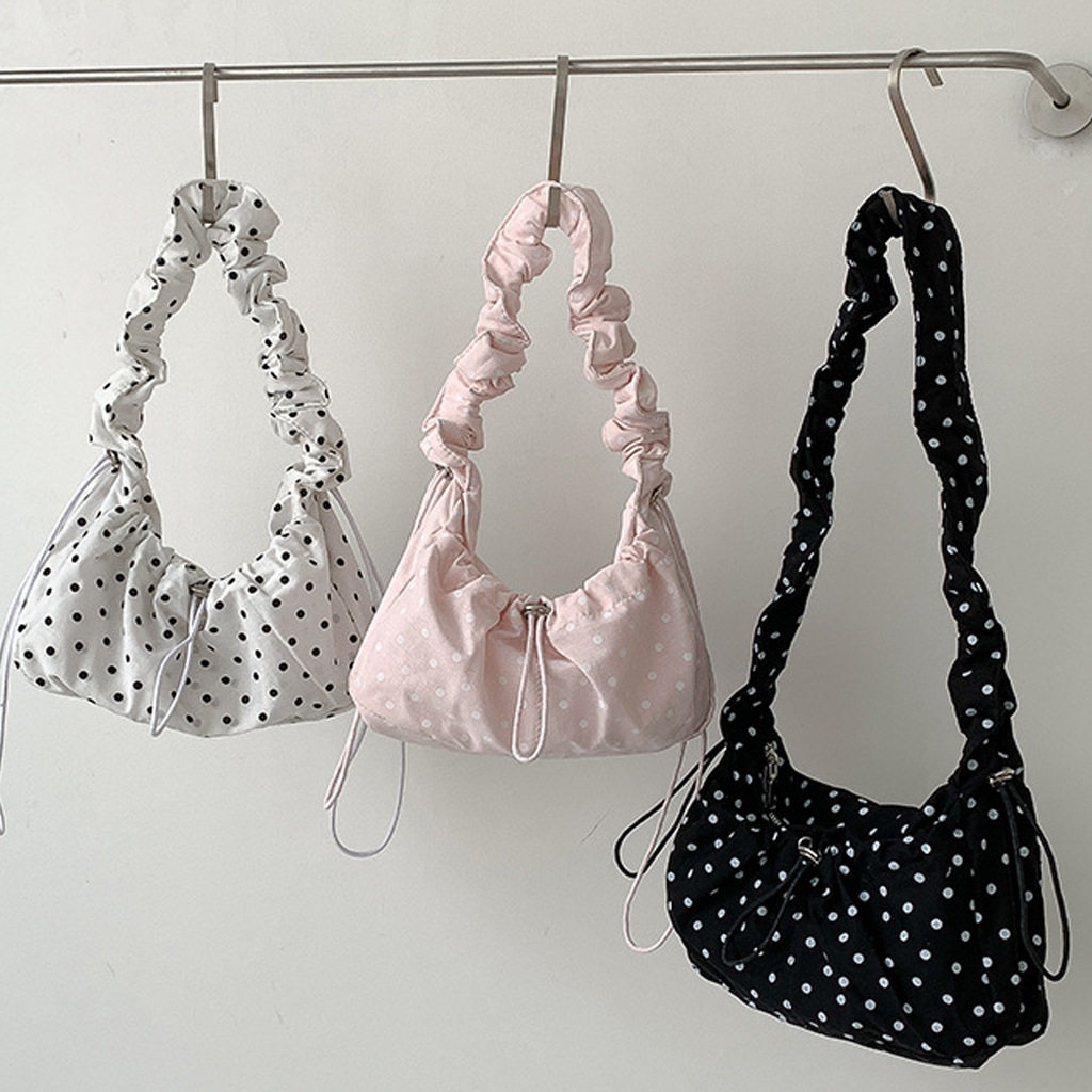 韩国东大门2025新款波点褶皱抽绳单肩斜挎包女时尚百搭通勤托特包,箱包皮具/热销女包/男包,腋下包,淘宝优惠券,粉丝福利购,淘宝优惠卷