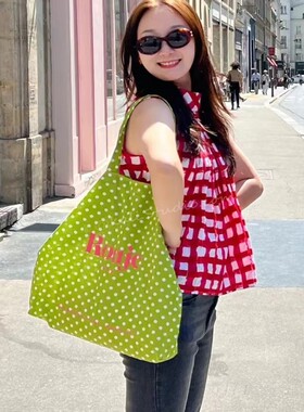孙千同款ins绿色波点薄布袋韩系大容量百搭环保袋夏日时髦腋下包