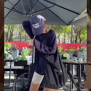 网红主推款条纹字母帆布包单肩斜挎包韩系简约百搭大容量托特包女