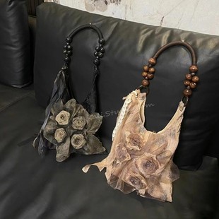 新中式复古风草木轧染褶皱花朵玫瑰包通勤大容量托特包单肩手提包