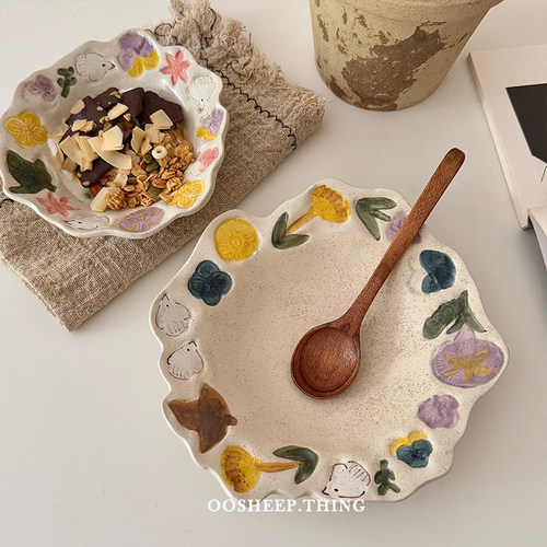 oosheep 日式手作粗陶盘子一人食餐具甜品盘沙拉盘高颜值酸奶碗