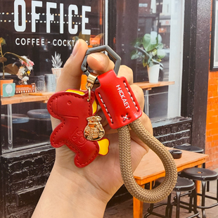 马上有钱牛皮钥匙扣皮绳马年挂饰手工车钥匙扣挂绳男女包挂件定制