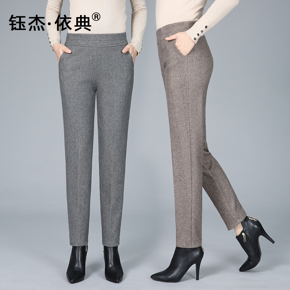 秋冬人字纹毛呢厚直筒女裤修身商务中年舒适时尚松紧腰灰松紧A960