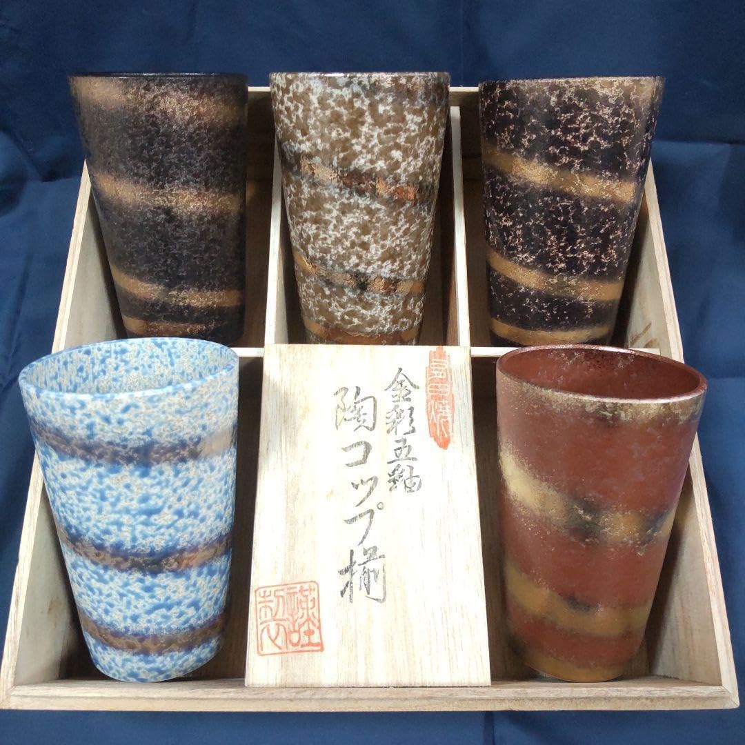 日本代购陶悦窑有田烧陶瓷杯5个组礼盒装居酒屋日式和风杯子彩色