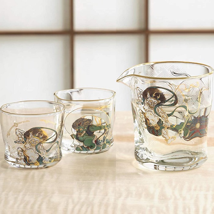 日本代购风神雷神玻璃酒壶组 德利片口酒壶 鸟嘴壶烈酒杯