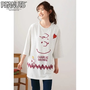 日本代购peanuts宽松大轮廓史努比花纹八分袖中长T恤睡衣家居服