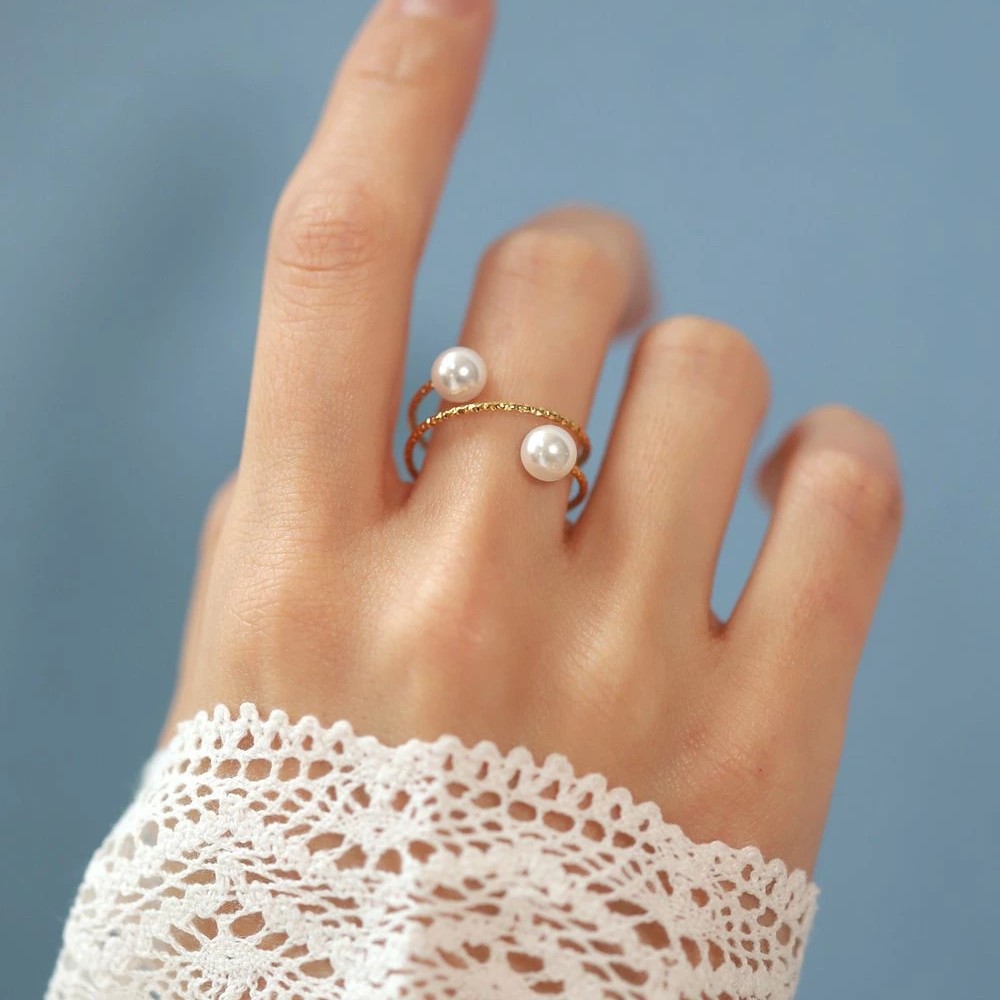 日本代购Cream dot.螺旋多圈金色仿珍珠戒指对珠细闪多排精致风