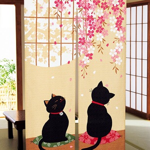 日本代购日本制日式暖帘 对开门帘 悠哉小猫 结缘垂帘