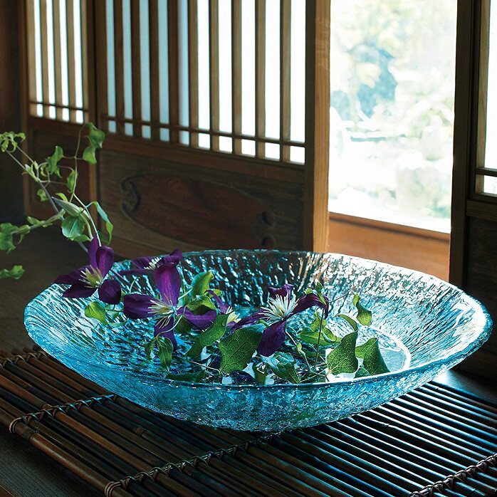 日本代购津轻手工琉璃玻璃花盘花盆 水生植物花瓶花器