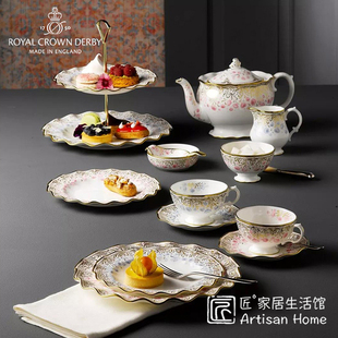 Royal Crown Derby德贝皇家芍药蓝色欧式骨瓷茶杯粉色马克杯餐盘