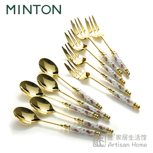 英国MINTON明顿咖啡勺点心叉骨瓷镀金银5叉5勺套装日本进口正品