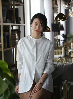 雨春藤原创 文艺女装 棉质U型贴兜飞边装饰衬衫 17QHS796