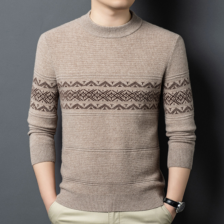 秋冬新款鹿王男装羊绒衫普通毛线半高领直筒型羊毛提花针官方正品